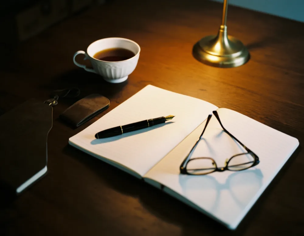 An open notebook, a fountain pen and reading spectacles on an oak desk under lamplight