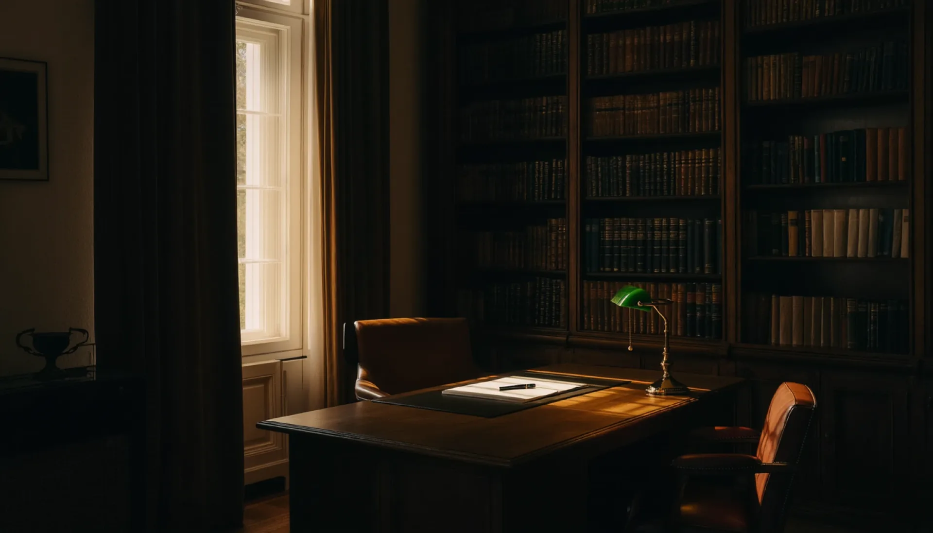 A villa study in Frohnau: an oak desk beside a tall window, walnut shelves and a brass desk lamp in low evening light