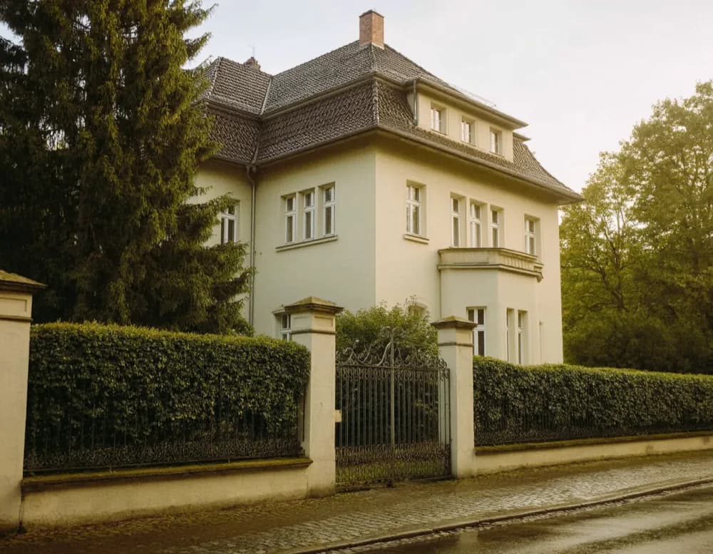 A villa on a quiet street in Berlin-Frohnau behind a clipped hedge